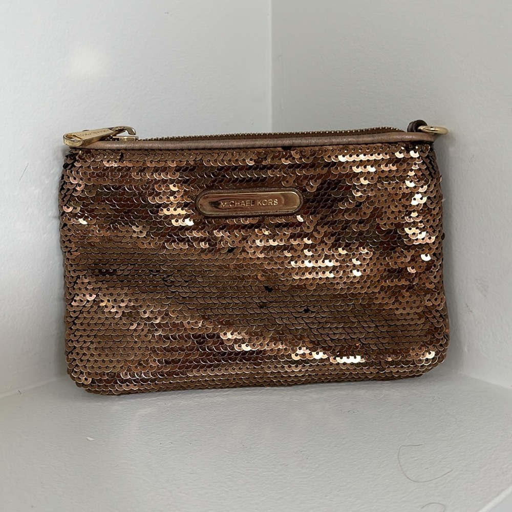 MICHAEL KORS Leather Sequin Bag Bronze Metallic Zip Top NOTE FLAW Missing Strap